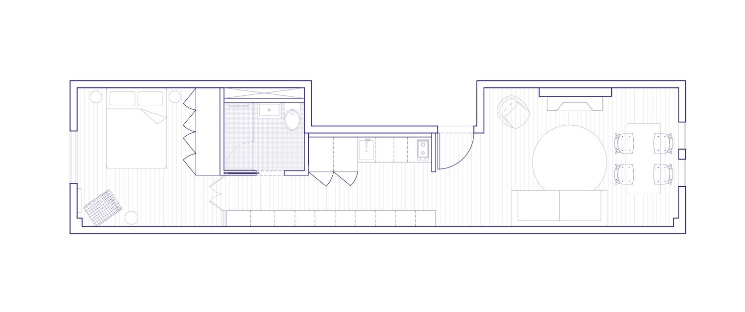 Planta baixa de apartamento em estilo ferroviário