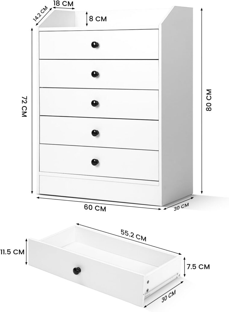 VOWNER Cajonera para Armario, Comoda/Aparador 5 Cajones, Dormitorio, Aglomerado de Partículas y Melamina, Madera, Blanco, Medidas: 60 cm (Ancho) x 80 cm (Alto) x 30 cm (Fondo) - Image 2