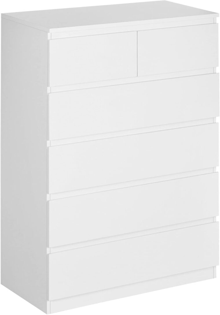 HOMCOM Cómoda Moderno con 6 Cajones Cajonera de Madera Cómoda de Dormitorio para Entrada Salón Oficina Carga 50 kg 80x39x115 cm Blanco