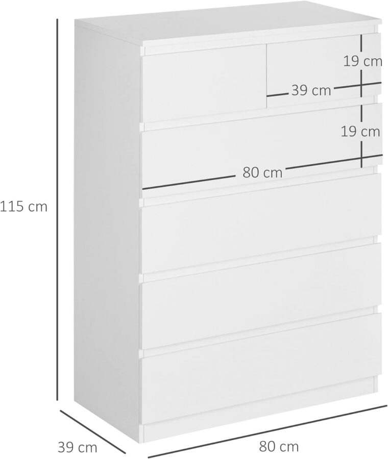 HOMCOM Cómoda Moderno con 6 Cajones Cajonera de Madera Cómoda de Dormitorio para Entrada Salón Oficina Carga 50 kg 80x39x115 cm Blanco - Image 3